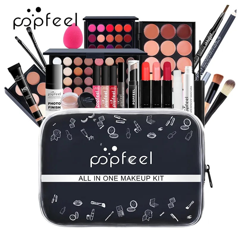 Popfeel makeup kit with various cosmetic items on a white background. POPFEL all-in-one makeup kit with eyeshadow, eyeliner, eyebrow pencil, lip gloss. Full set for women’s flawless face makeup.