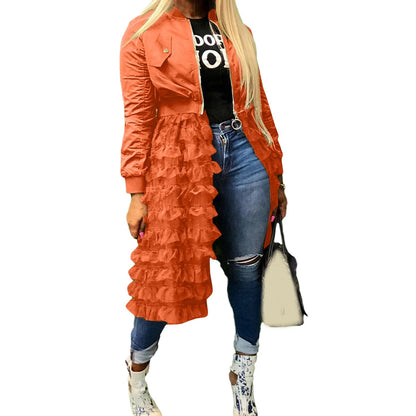 Orange Women's Long Mesh Lace Zipper Jacket with Ruffle Patchwork Design