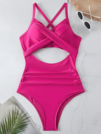 Hot pink cut-out one-piece swimsuit cross-back — ruched women swimwear FTF Market
