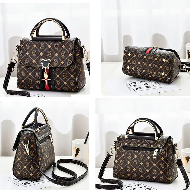 Four views of a patterned handbag with a bear charm on a white background.