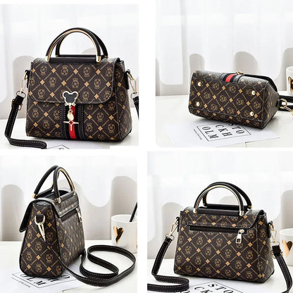 Four views of a patterned handbag with a bear charm on a white background.