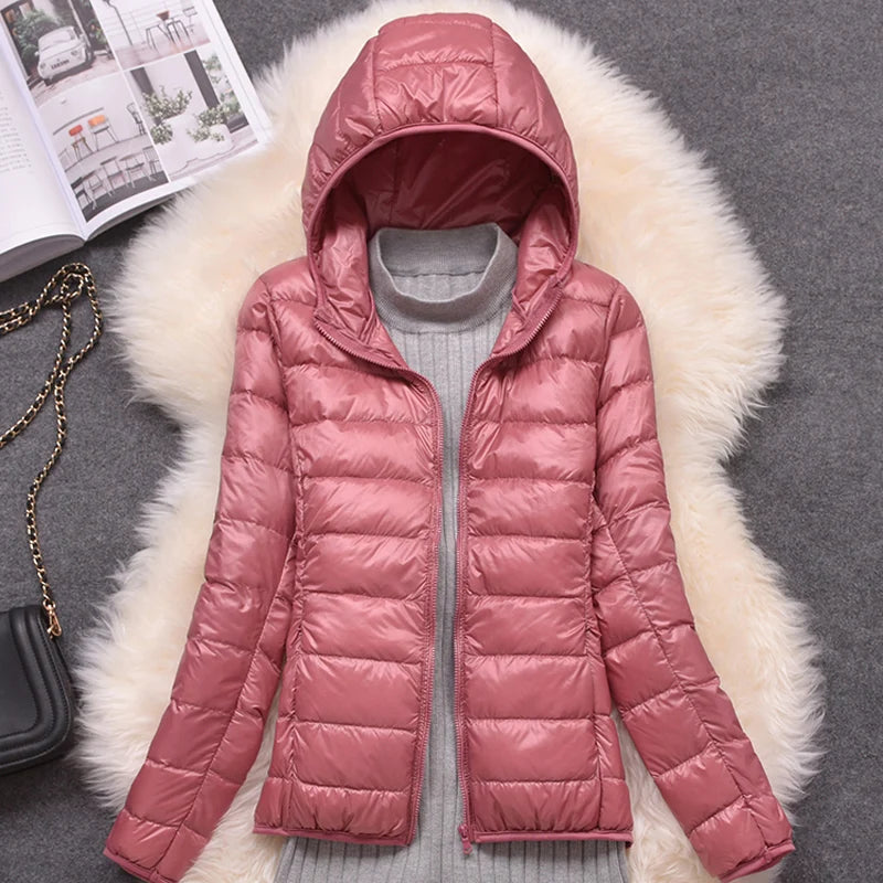 Women puffer jacket, plus size, 15 colors, ultra lightweight, packable, hooded, down coat.