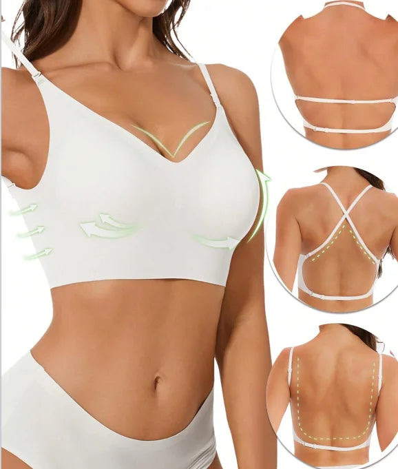 White sports bra with thin straps worn by a model, shown from front, back, and side angles.