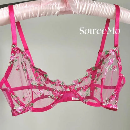 Pink floral bra on a white background with 'Soiree Mo' branding.