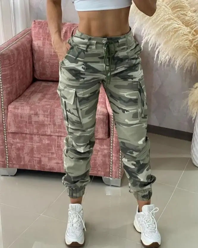 Women's Camouflage Print Cargo Pants with Drawstring and Pockets