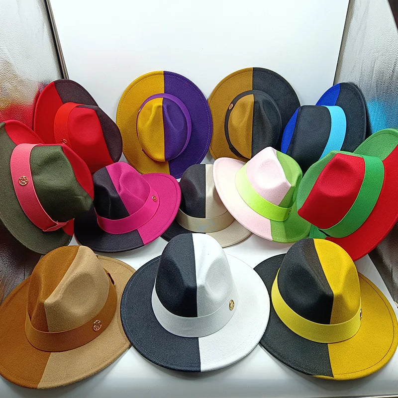 Collection of colorful hats arranged in a pattern on a white background. Unisex double fedora hat, dual color gradient tie-dye, casual jazz style, cotton-polyester mix, suitable for outdoor autumn and spring.