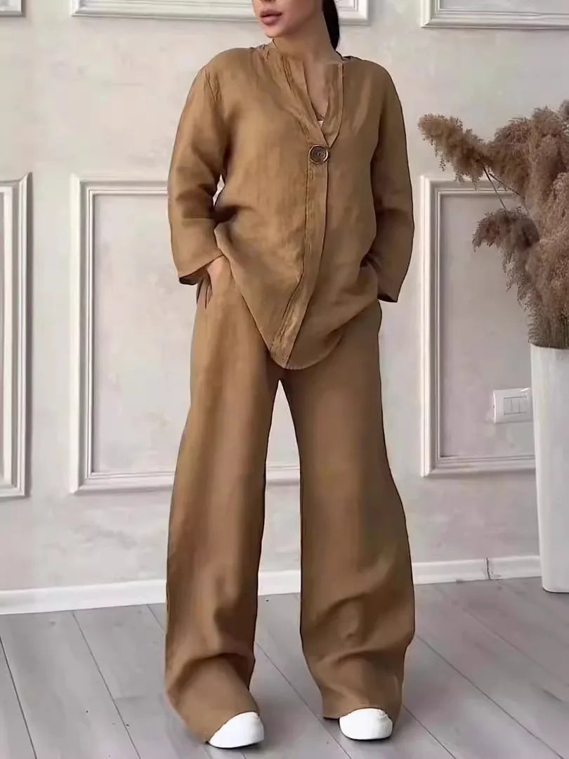 Women's 2-piece linen set in brown — V-neck blouse and wide leg trousers, FTF Market UK