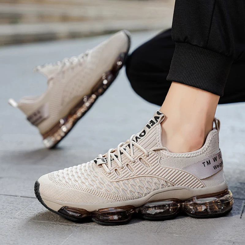 Beige sneakers with transparent sole on a blurred background