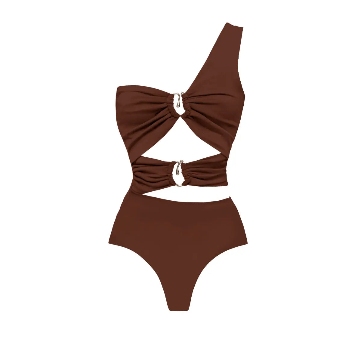 Brown bikini set on a white background. Women’s 2-piece deep V swimsuit with long skirt, adjustable straps, solid color, beachwear, comfortable polyester/spandex fabric, flattering fit.