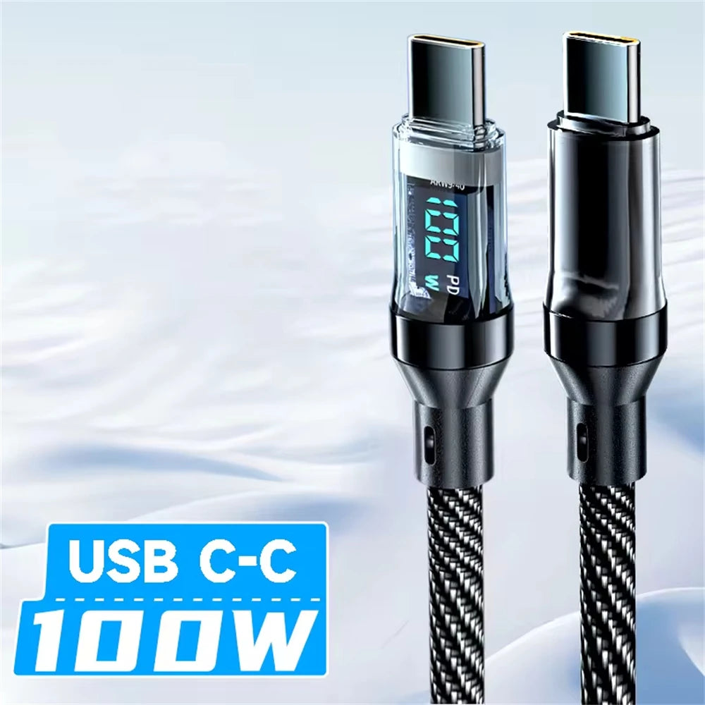 Braided 120W USB-C to USB-C fast charging cable with live LED digital power display