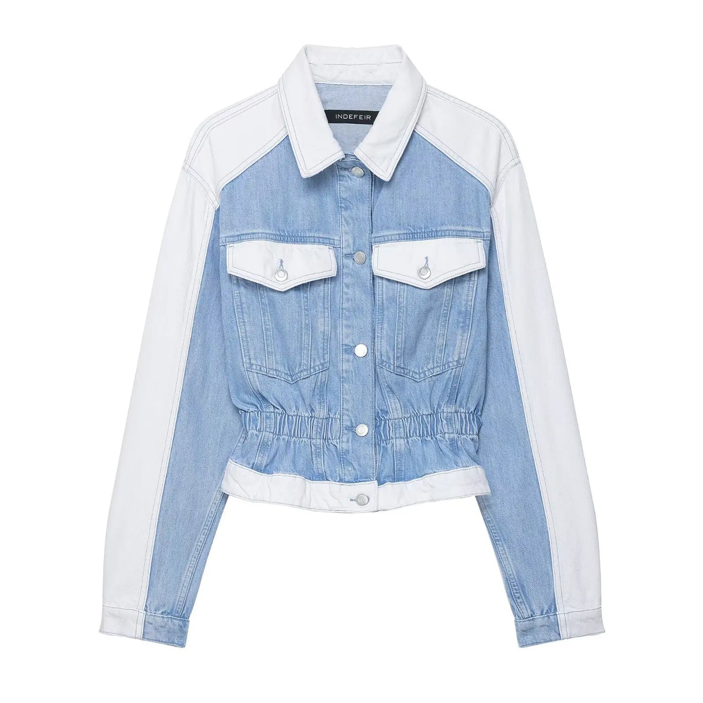 Light blue denim jacket with white sleeves and collar on a white background. Women’s 2-piece denim jacket and straight jeans set. Patchwork design, mid waist, turn-down collar, button closure, loose casual fit, streetwear.