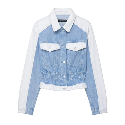 Light blue denim jacket with white sleeves and collar on a white background. Women’s 2-piece denim jacket and straight jeans set. Patchwork design, mid waist, turn-down collar, button closure, loose casual fit, streetwear.