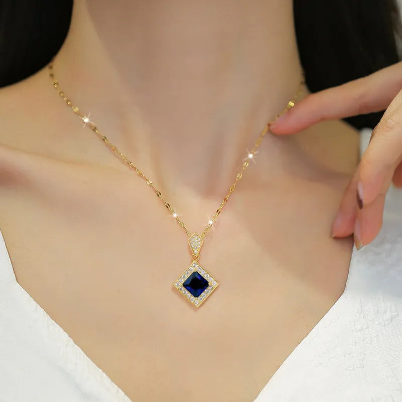 316L Stainless Steel Blue Crystal Necklace and Earrings Set with Square Design