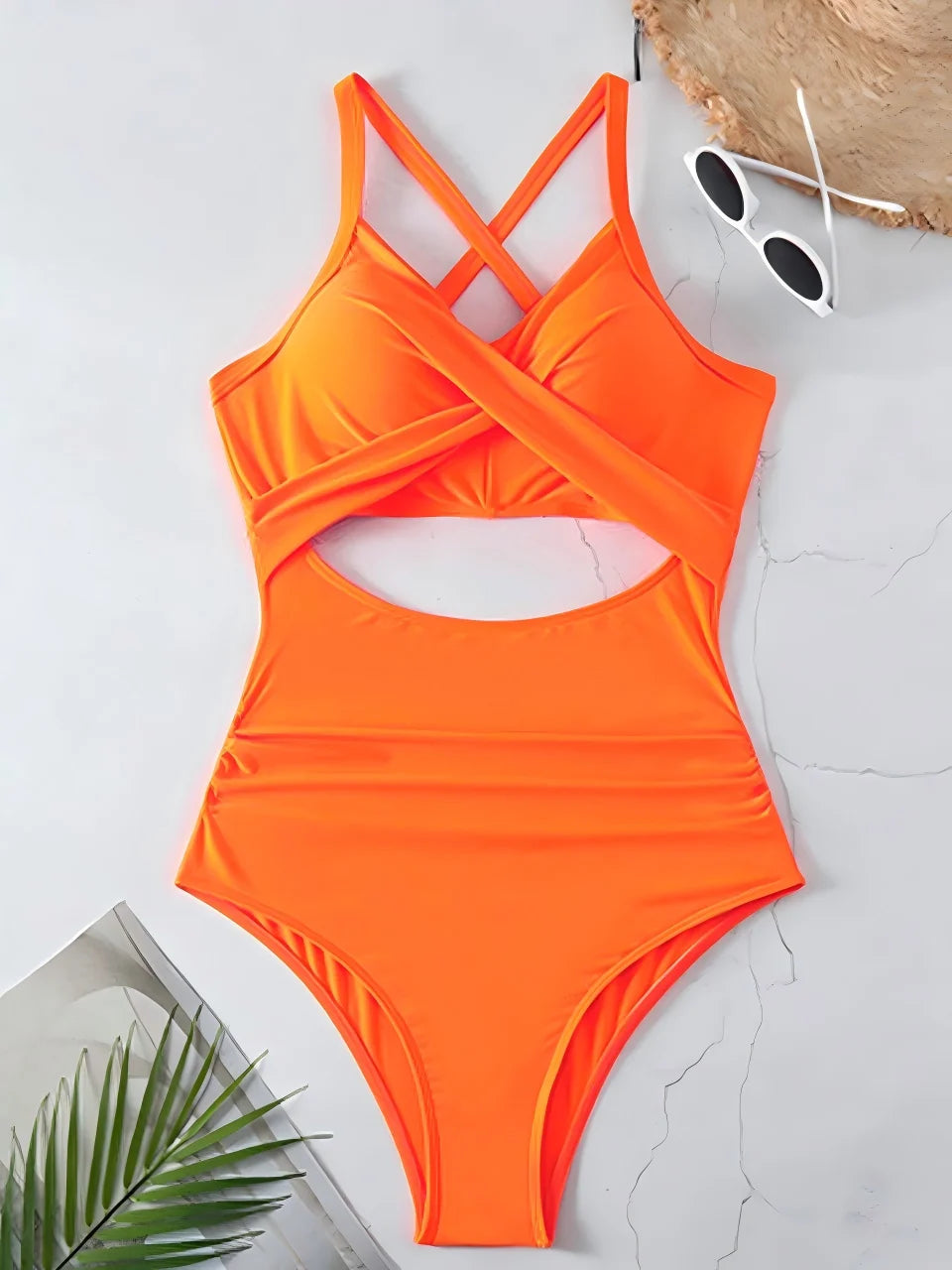 Orange cross-back one-piece swimsuit — ruched adjustable strap women swimwear FTF Market