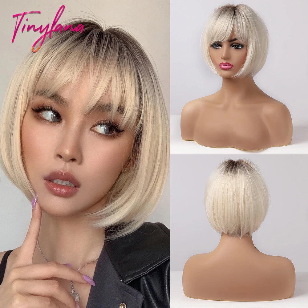 Chic blonde & gray bob wig UK – natural look, synthetic fibre, adjustable cap, for women’s daily or party style.