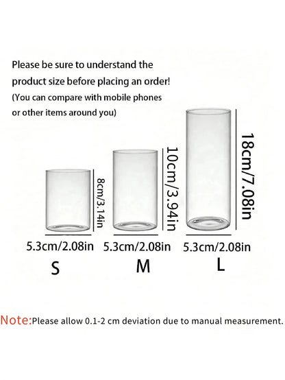 Three glass containers with measurements labeled S, M, and L on a white background.