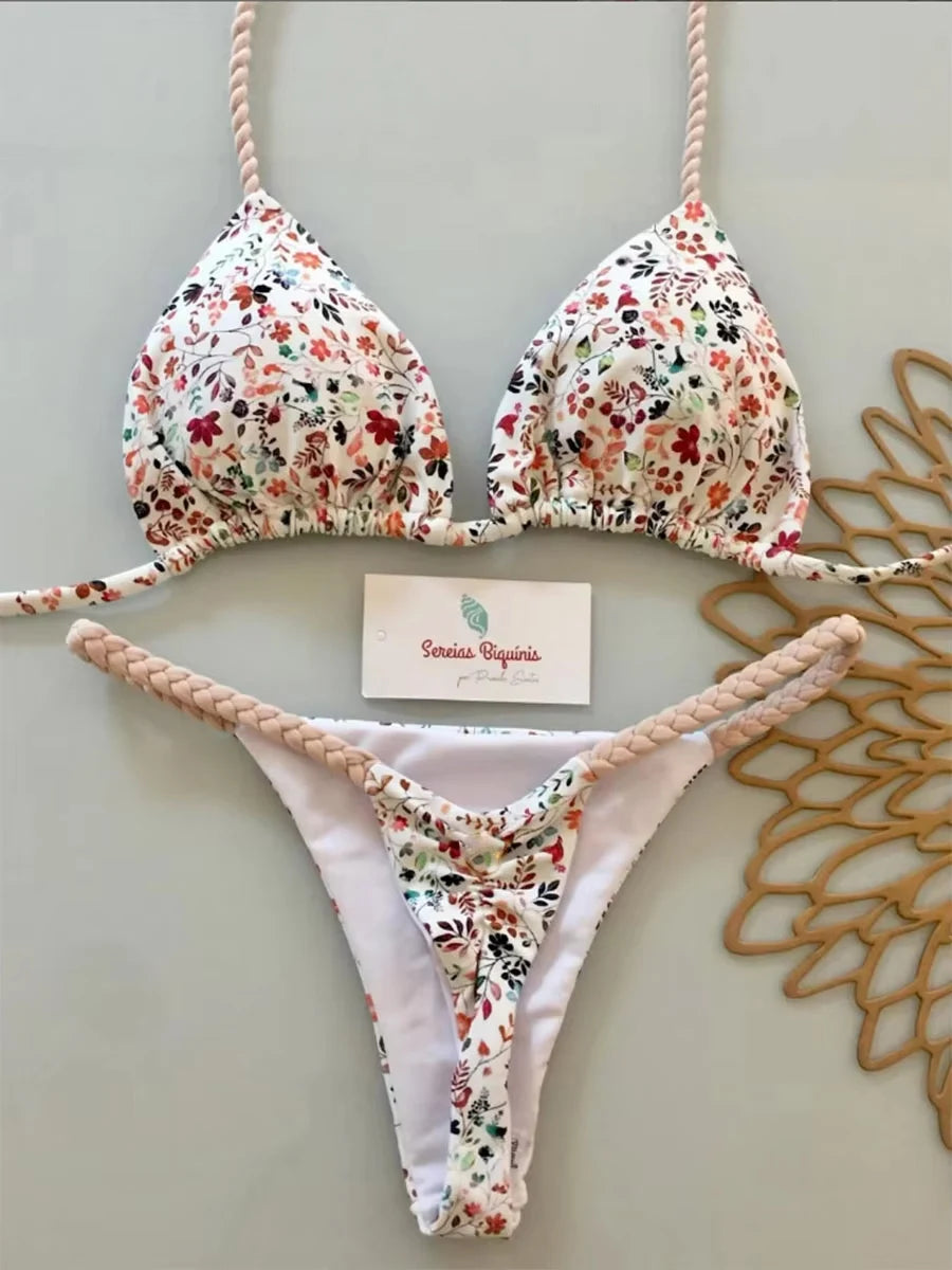 Floral print micro bikini set halter triangle top — Brazilian thong swimwear women