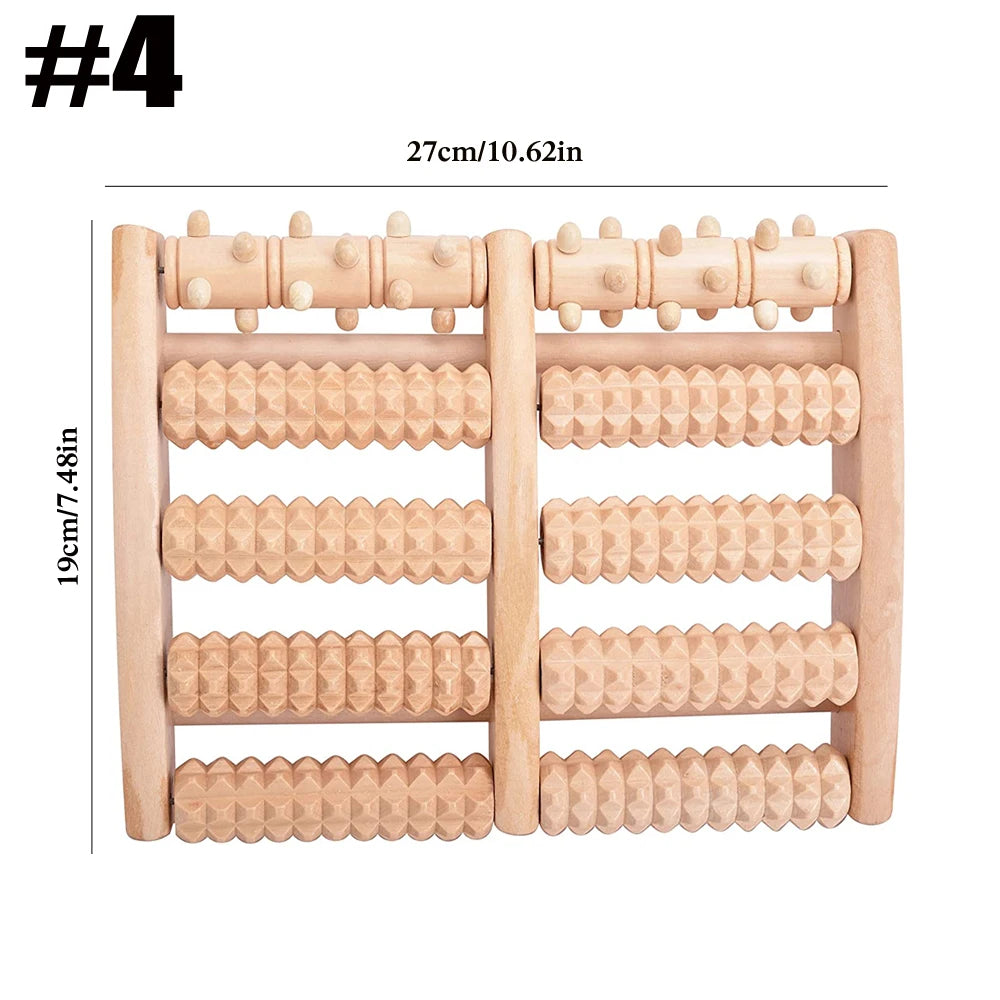 Wooden massage roller with dimensions on a white background