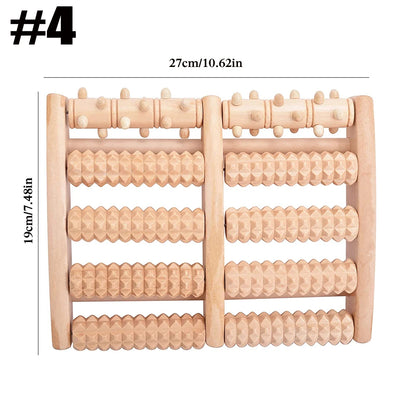 Wooden massage roller with dimensions on a white background