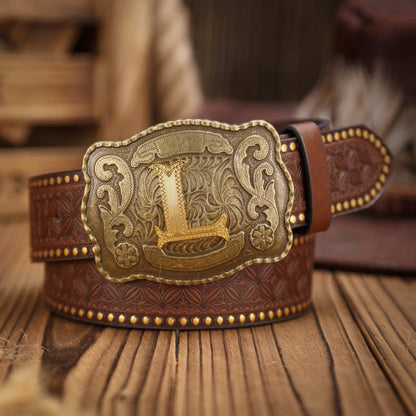 Brown leather belt with a large gold buckle on a wooden surface