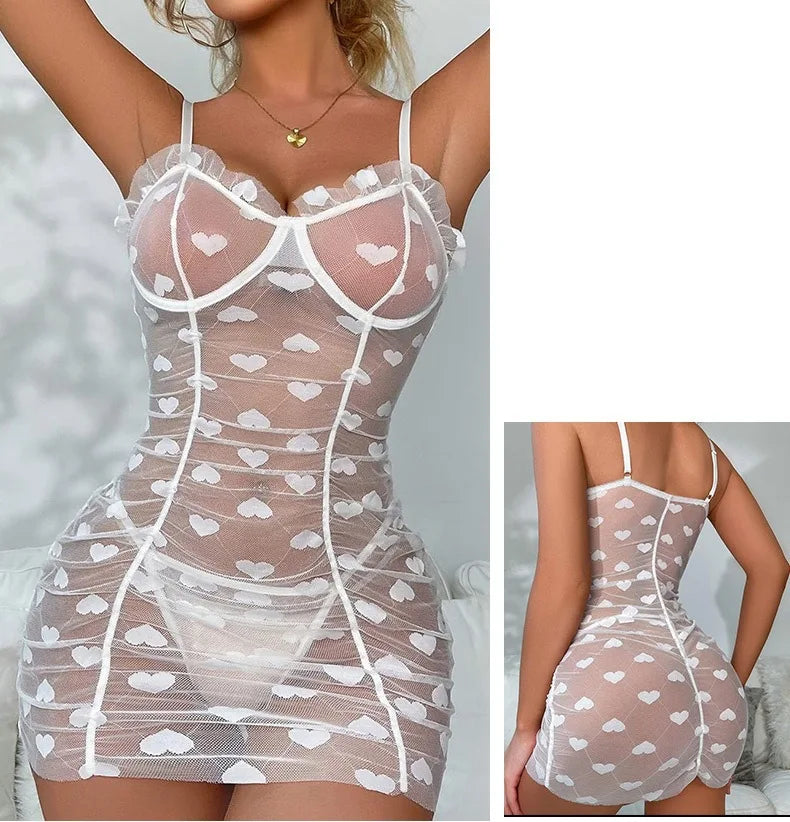 Heart mesh lingerie dress women UK white underwire mini — FTF Market
