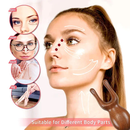 Woman with a tool labeled 'Suitable for Different Body Parts' on a white background