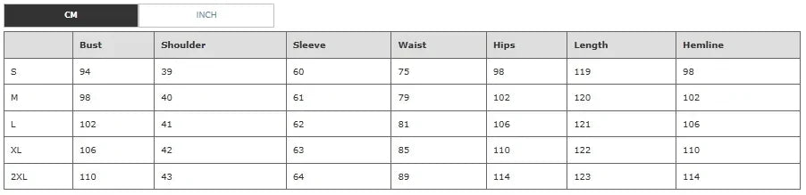 Measurement chart for clothing sizes in centimeters