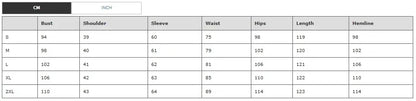 Measurement chart for clothing sizes in centimeters