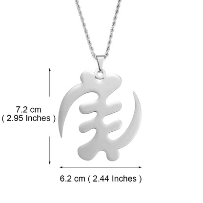 Silver pendant necklace with measurements on a white background