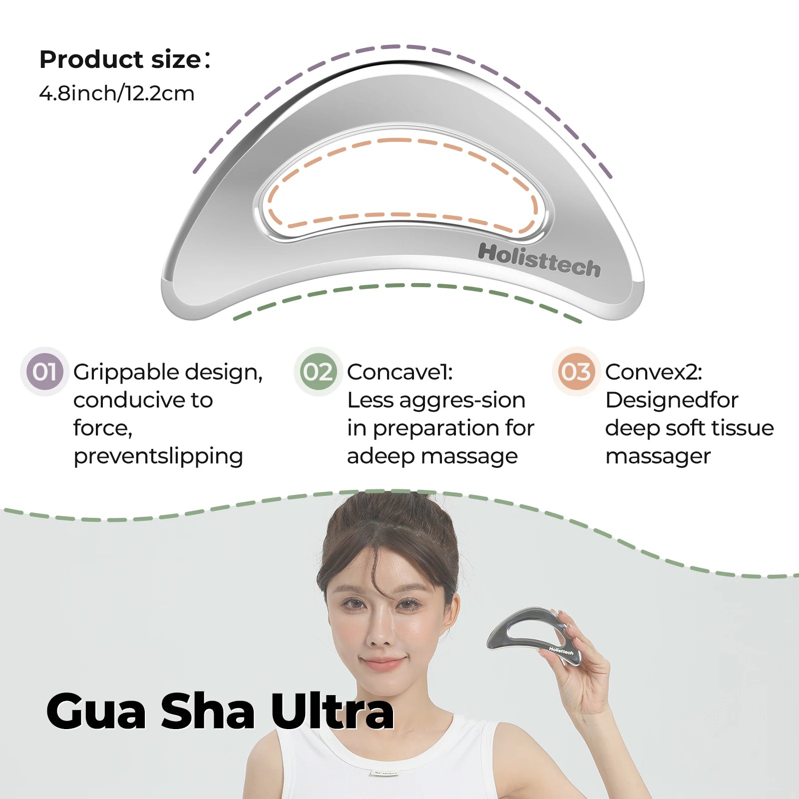Holisttech Gua Sha Ultra tool with product details and a woman using it.