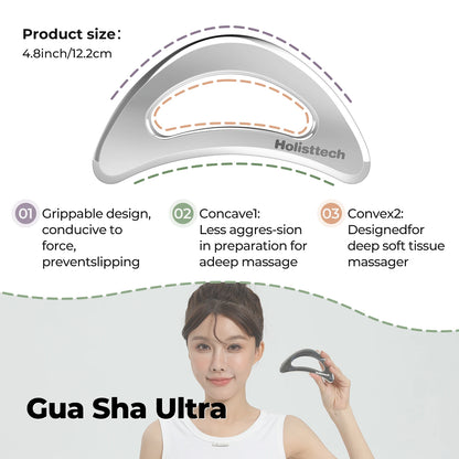 Holisttech Gua Sha Ultra tool with product details and a woman using it.