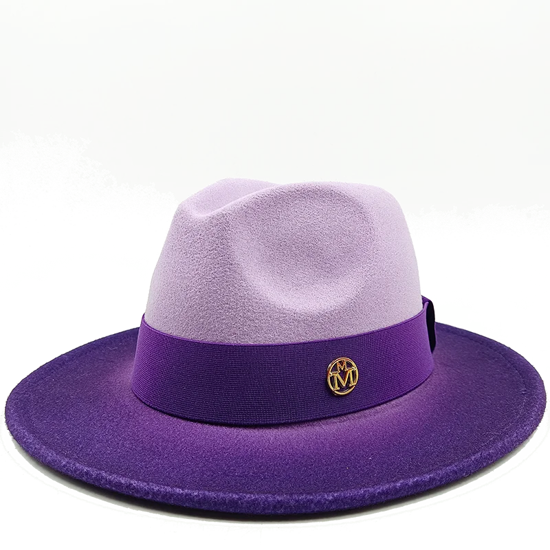 Purple and lavender hat with a purple band and gold emblem on a white background. Unisex double fedora hat, dual color gradient tie-dye, casual jazz style, cotton-polyester mix, suitable for outdoor autumn and spring.