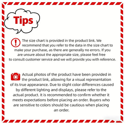 Text with tips and warnings about a product size chart and photos, framed with red and white border.