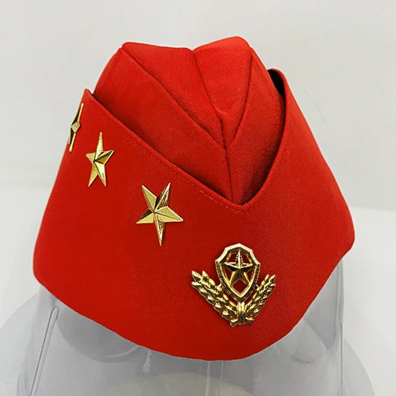 Red military cap with gold stars and emblem on a white background