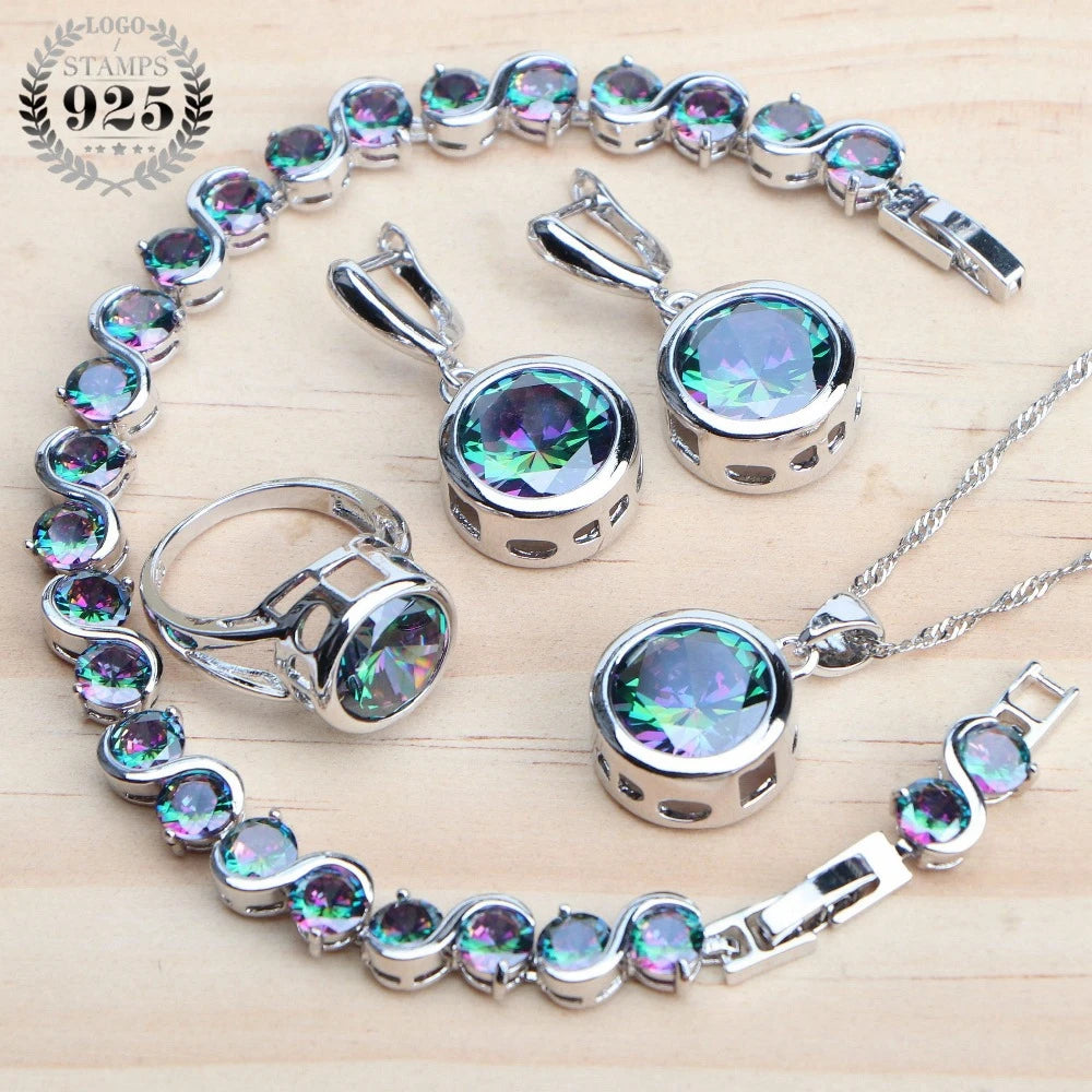 925 Sterling Silver Jewelry Sets, natural magic rainbow zircon, earrings, ring, bracelets, pendant, wedding necklace set.
925 Sterling Silver Jewelry Sets, bridal jewelry, magic rainbow zircon, earrings, ring, bracelets, pendant, wedding necklace, ftf fashion, mode ftf, FTF Market UK