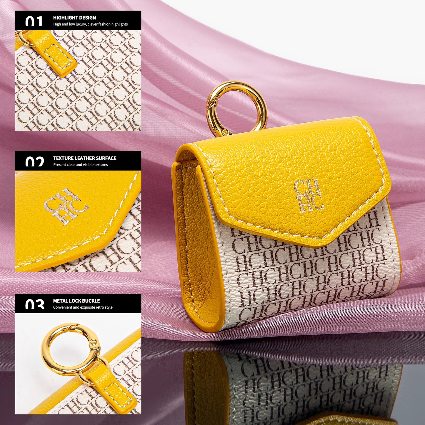 Yellow and beige keychain with brand logo on a pink fabric background