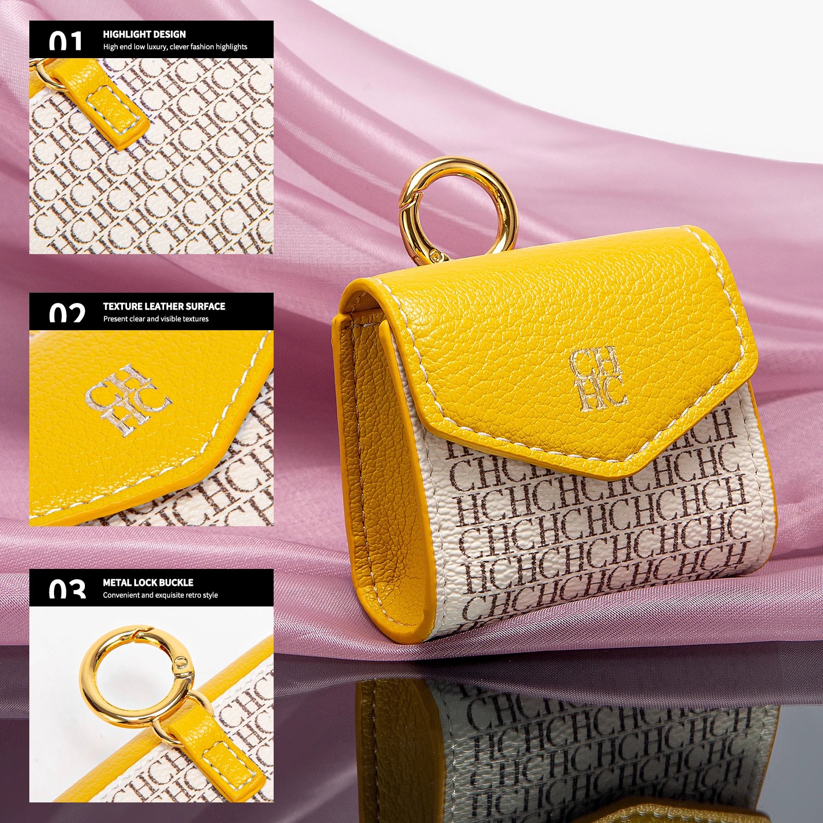 Yellow and beige keychain with brand logo on a pink fabric background