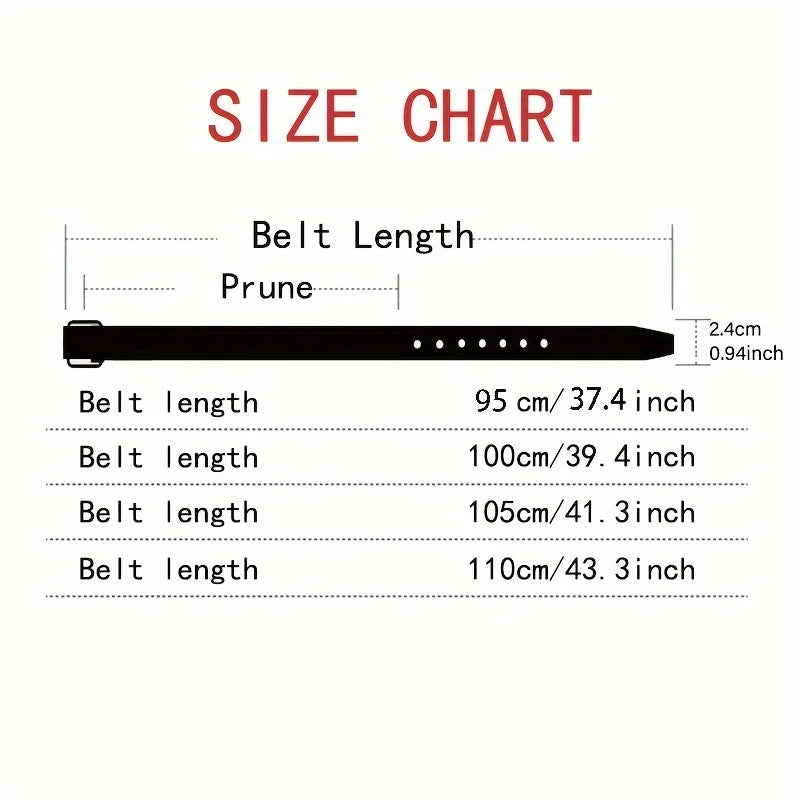 Size chart for a belt with measurements in centimeters and inches. Women’s retro fashion belt with 2.4cm PU strap, solid alloy buckle for jeans, skirts, and pants. Trendy UK accessory for casual and chic looks.