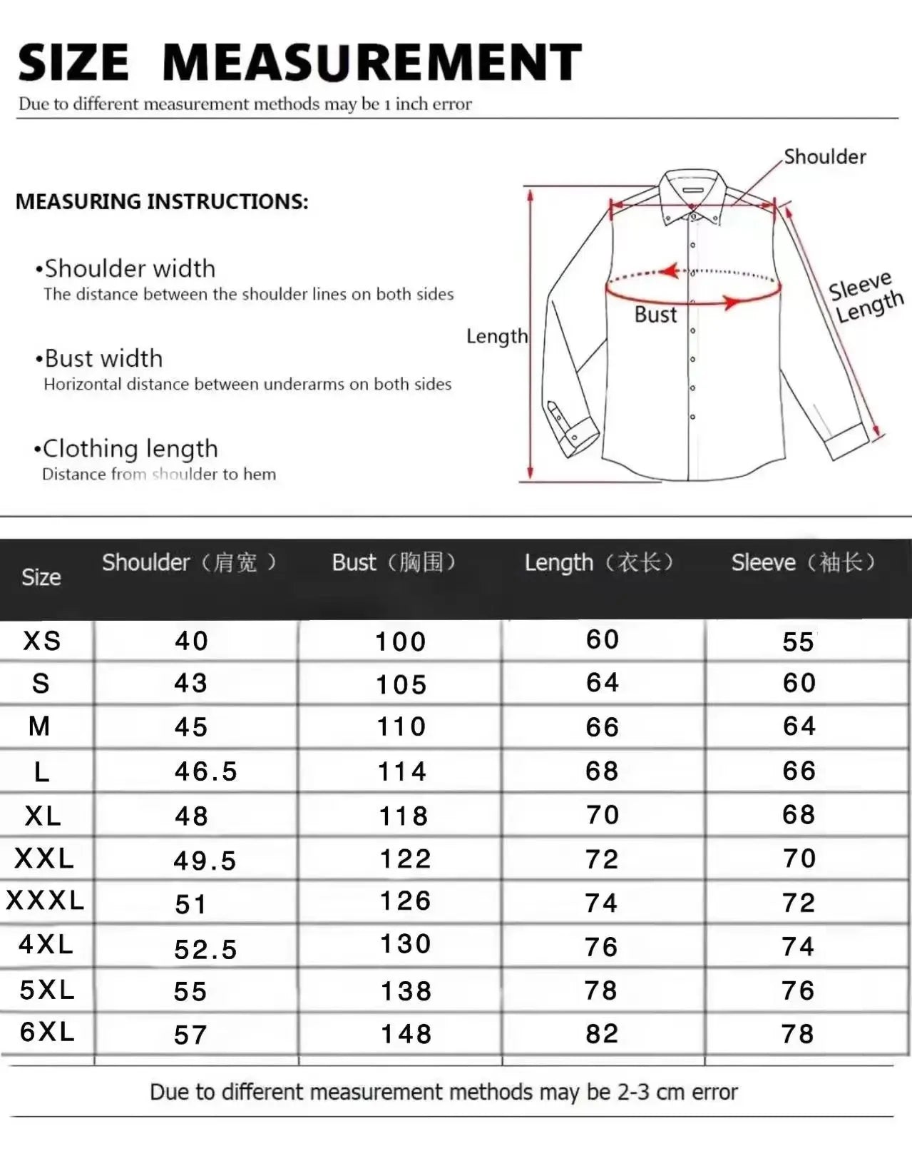 Size measurement chart for shirts with shoulder, bust, length, and sleeve dimensions.
