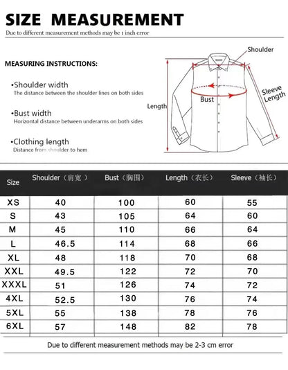 Size measurement chart for shirts with shoulder, bust, length, and sleeve dimensions.