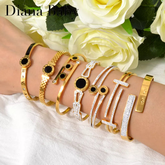 Diana Baby Black Roman Numerals Zircon Gold Plated Stainless Steel Bracelet - Elegant Wear Jewelry for Women at Ftfmket.com in the UK