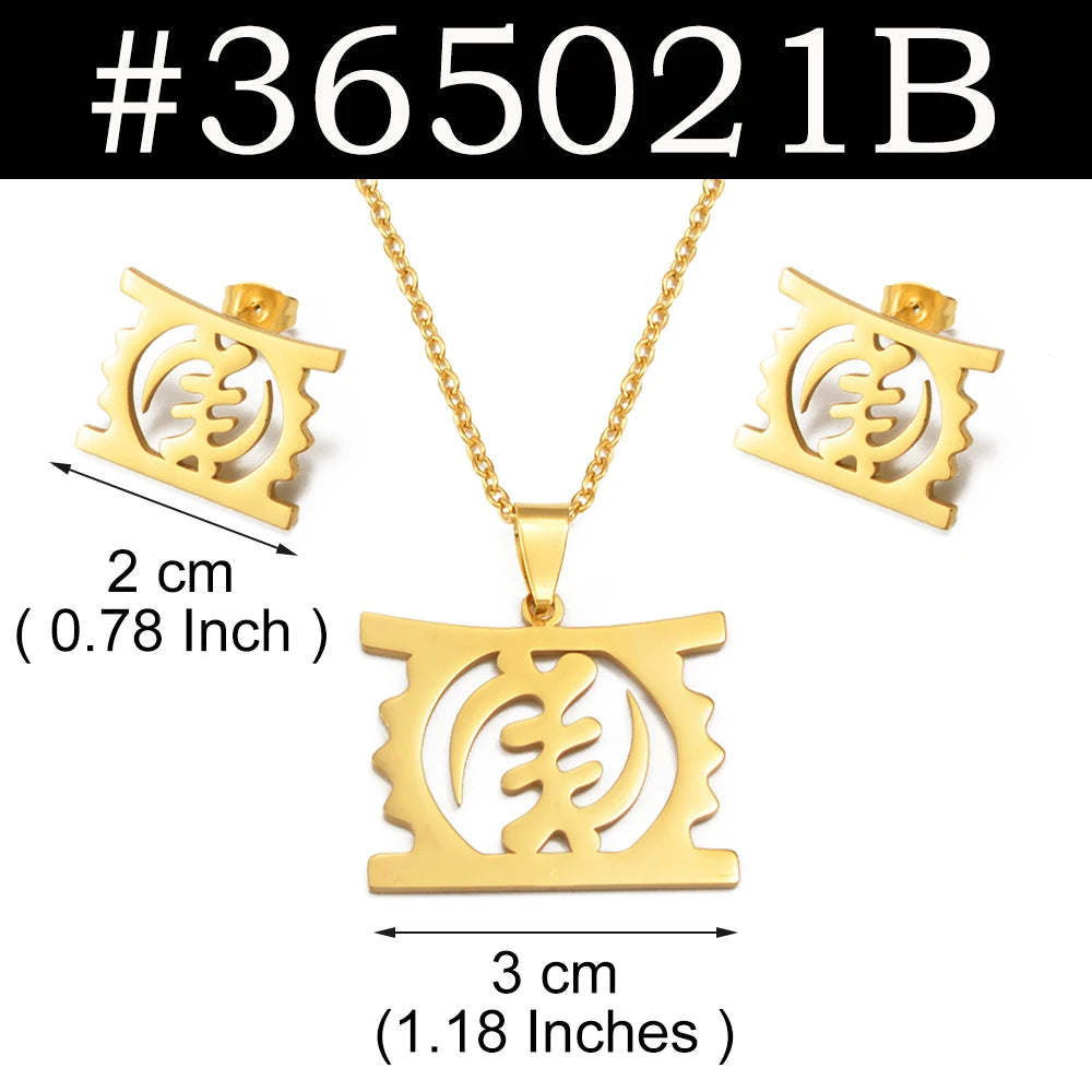 Gold-colored jewelry set featuring a pendant necklace, matching stud earrings, and dimension labels on a white background with a black header. The set includes text indicating measurements of 2 cm for the stud and 3 cm for the pendant.