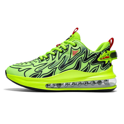 Neon green sneaker with black flame design on a white background