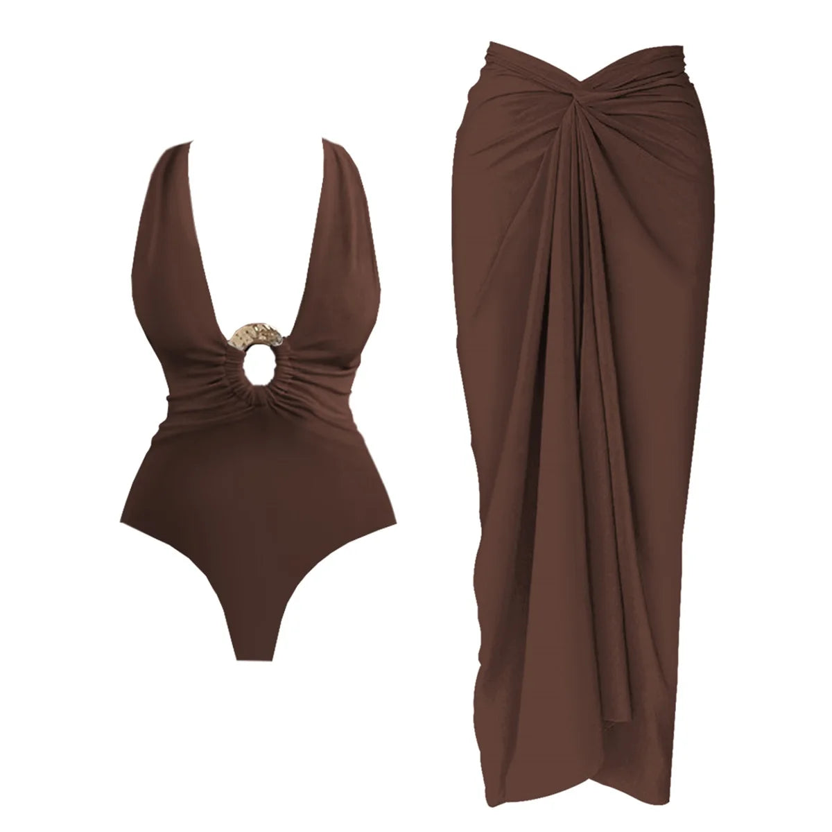 Brown swimsuit with a matching sarong on a white background. Women’s 2-piece deep V swimsuit with long skirt, adjustable straps, solid color, beachwear, comfortable polyester/spandex fabric, flattering fit.