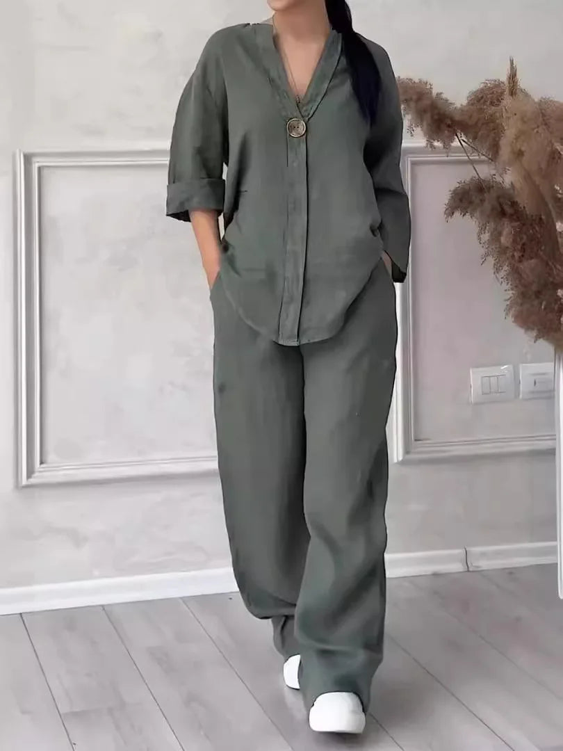 Women's co-ord set in dark grey — cotton linen blouse and high-waist wide leg trousers...