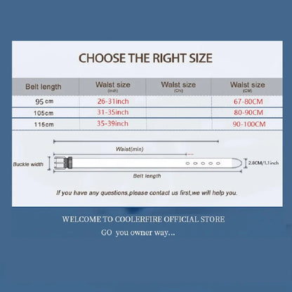 Size chart for belts with waist measurements on a blue background. Women’s vintage white leather trouser belt with solid pin buckle. Stylish, high-quality accessory for fashion-forward looks, UK.