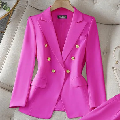 Pink jacket with gold buttons on a beige sofa