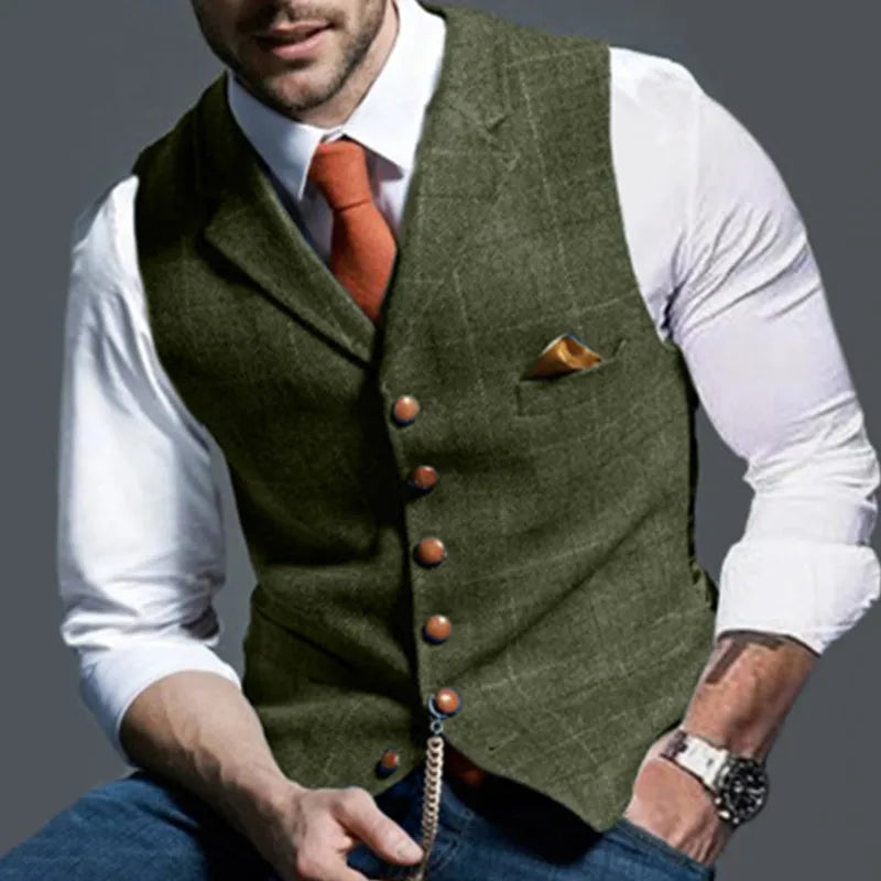 Collection of stylish men's vests ranging from slim-fit to oversized, casual to formal, in various materials and patterns