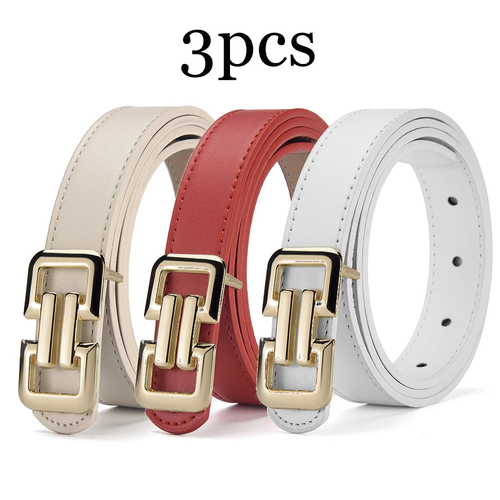 Slim PU leather belt women UK — khaki red white 3-pack smooth buckle — FTF Market
