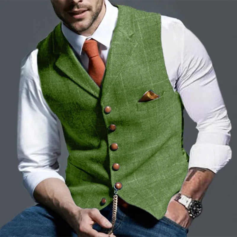 Collection of stylish men's vests ranging from slim-fit to oversized, casual to formal, in various materials and patterns